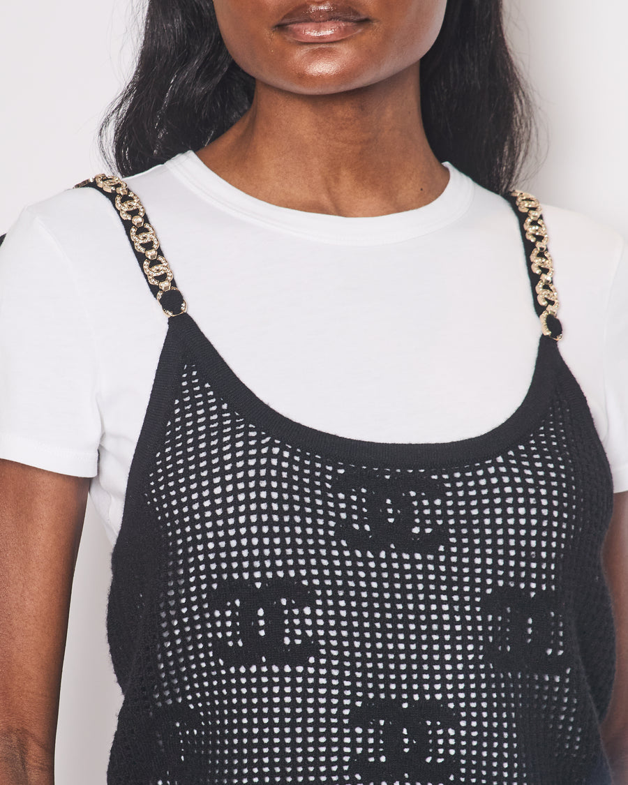 *HOT* Chanel 22C Black Sleeveless Knitted Top with Crystal CC Logo Straps and White Cotton Short Sleeve T-Shirt with Small Crystal Logo Detail Size FR S (UK 8) RRP £3160