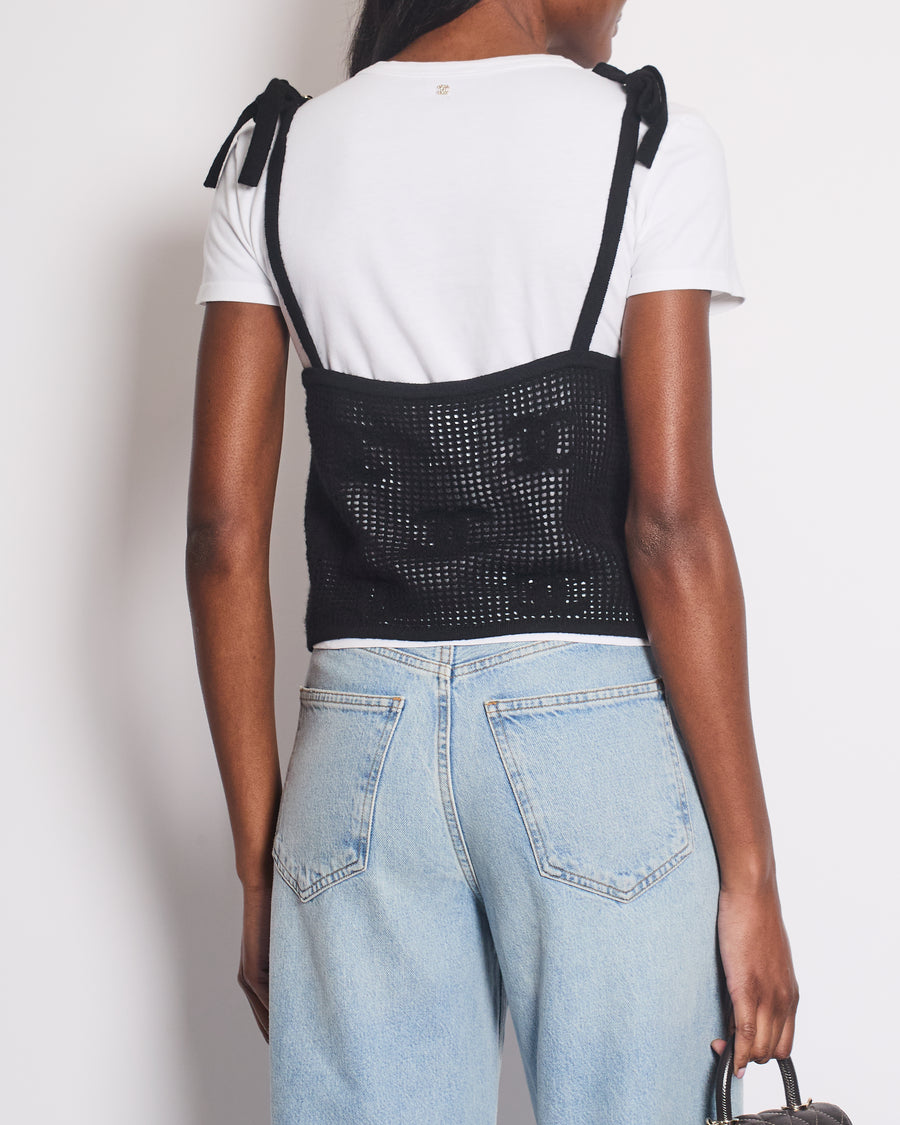*HOT* Chanel 22C Black Sleeveless Knitted Top with Crystal CC Logo Straps and White Cotton Short Sleeve T-Shirt with Small Crystal Logo Detail Size FR S (UK 8) RRP £3160