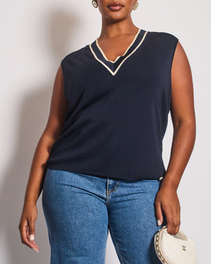 Chanel Navy and White 2014 Cruise Collection Vest Top with V Neck Line Size FR 50 (UK 22)