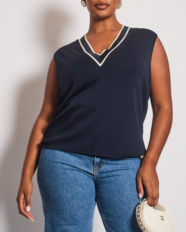Chanel Navy and White 2014 Cruise Collection Vest Top with V Neck Line Size FR 50 (UK 22)