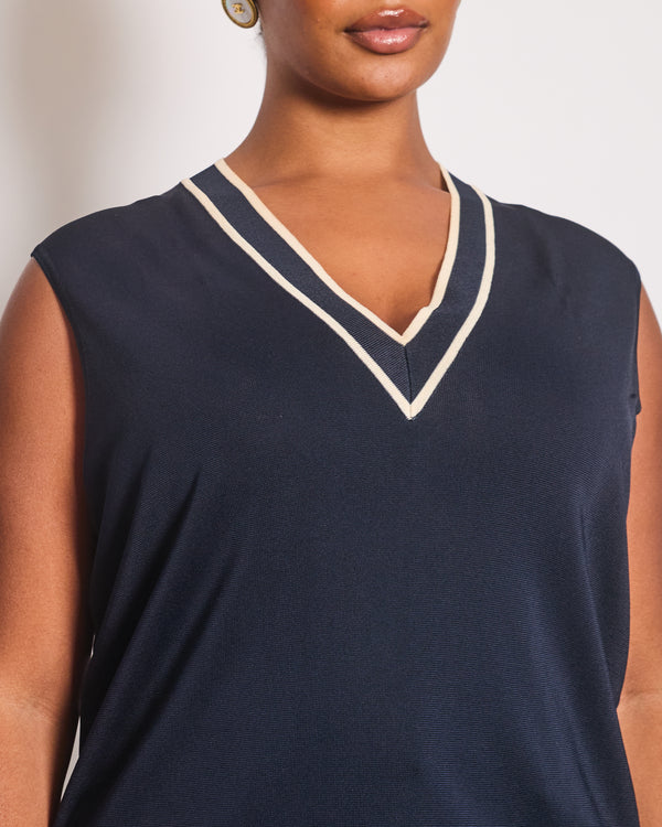 Chanel Navy and White 2014 Cruise Collection Vest Top with V Neck Line Size FR 50 (UK 22)