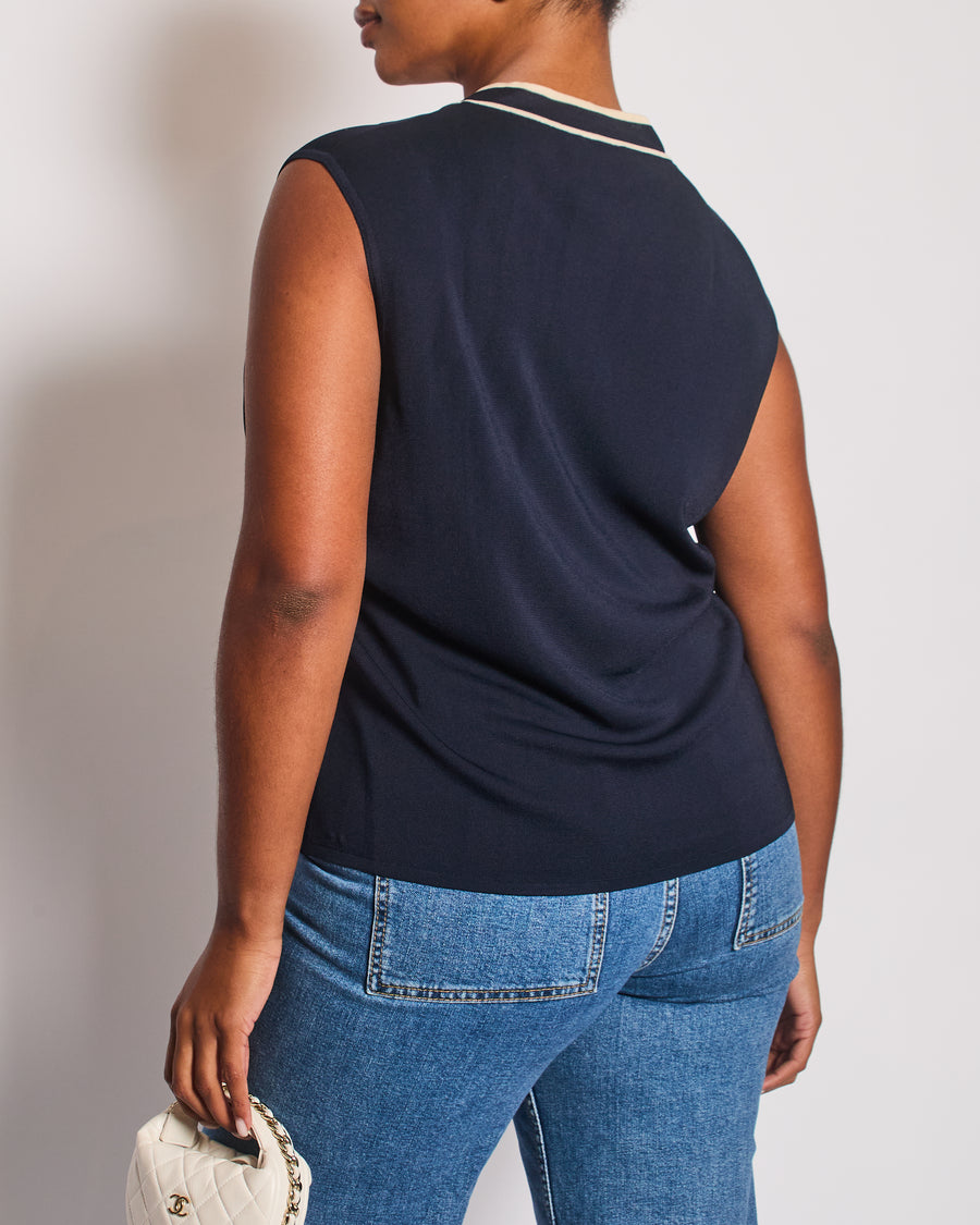 Chanel Navy and White 2014 Cruise Collection Vest Top with V Neck Line Size FR 50 (UK 22)