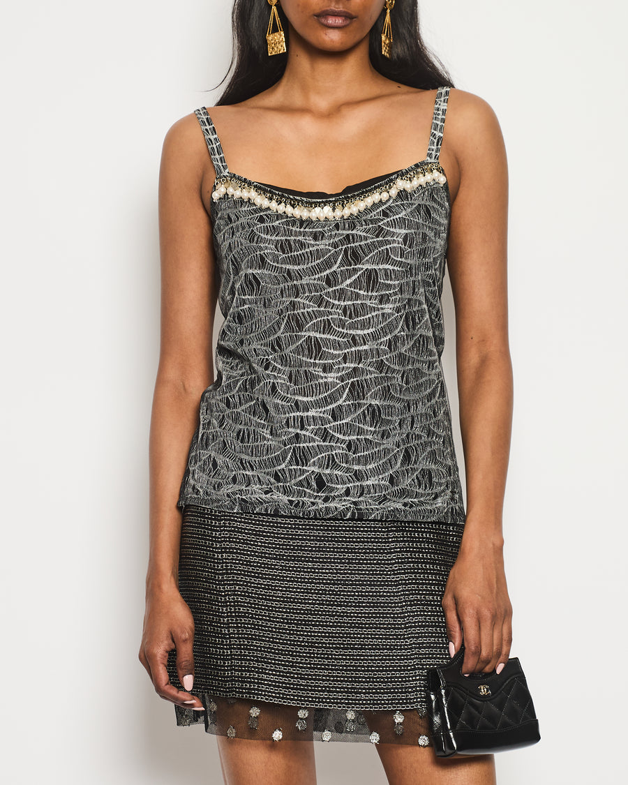 Chanel 05/A Black and Silver Tulle Top with Pearl and CC Logo Detail Size FR 40 (UK 12)