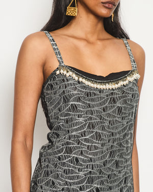 Chanel 05/A Black and Silver Tulle Top with Pearl and CC Logo Detail Size FR 40 (UK 12)