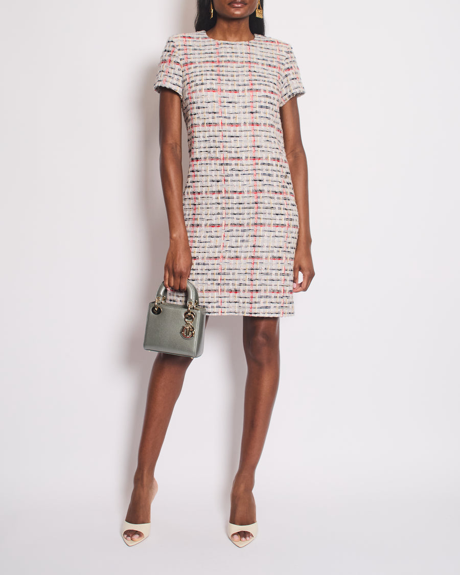 Chanel 18/P Grey Tweed Short Sleeve Midi Dress with CC Logo Button Detail Size FR 36 (UK 8)