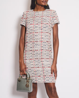 Chanel 18/P Grey Tweed Short Sleeve Midi Dress with CC Logo Button Detail Size FR 36 (UK 8)