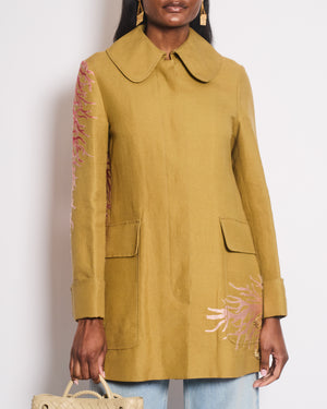 Valentino Sub-Zero Couture Beige Peter Pan Collar Canvas Coat with Coral Embroidery Detail Size IT 44 (UK 12)