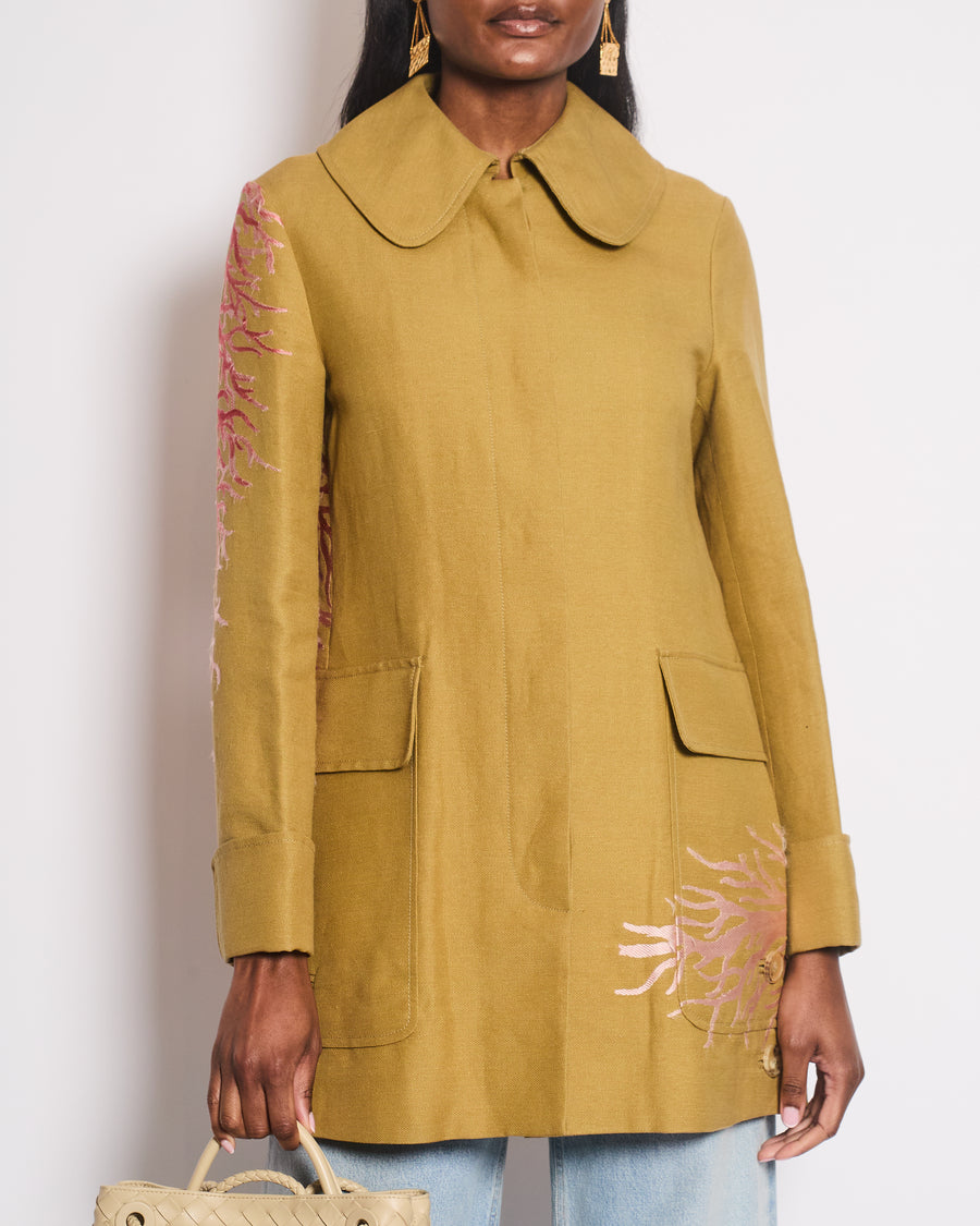 Valentino Sub-Zero Couture Beige Peter Pan Collar Canvas Coat with Coral Embroidery Detail Size IT 44 (UK 12)