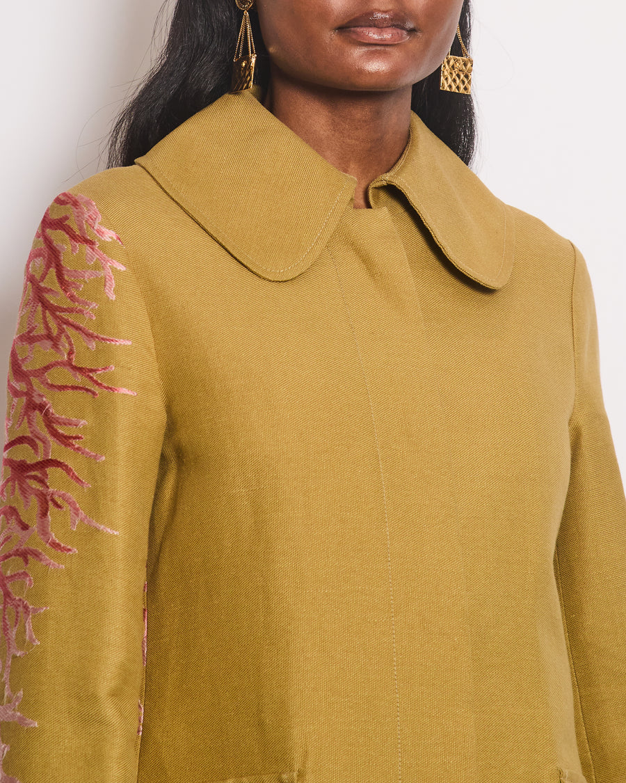 Valentino Sub-Zero Couture Beige Peter Pan Collar Canvas Coat with Coral Embroidery Detail Size IT 44 (UK 12)