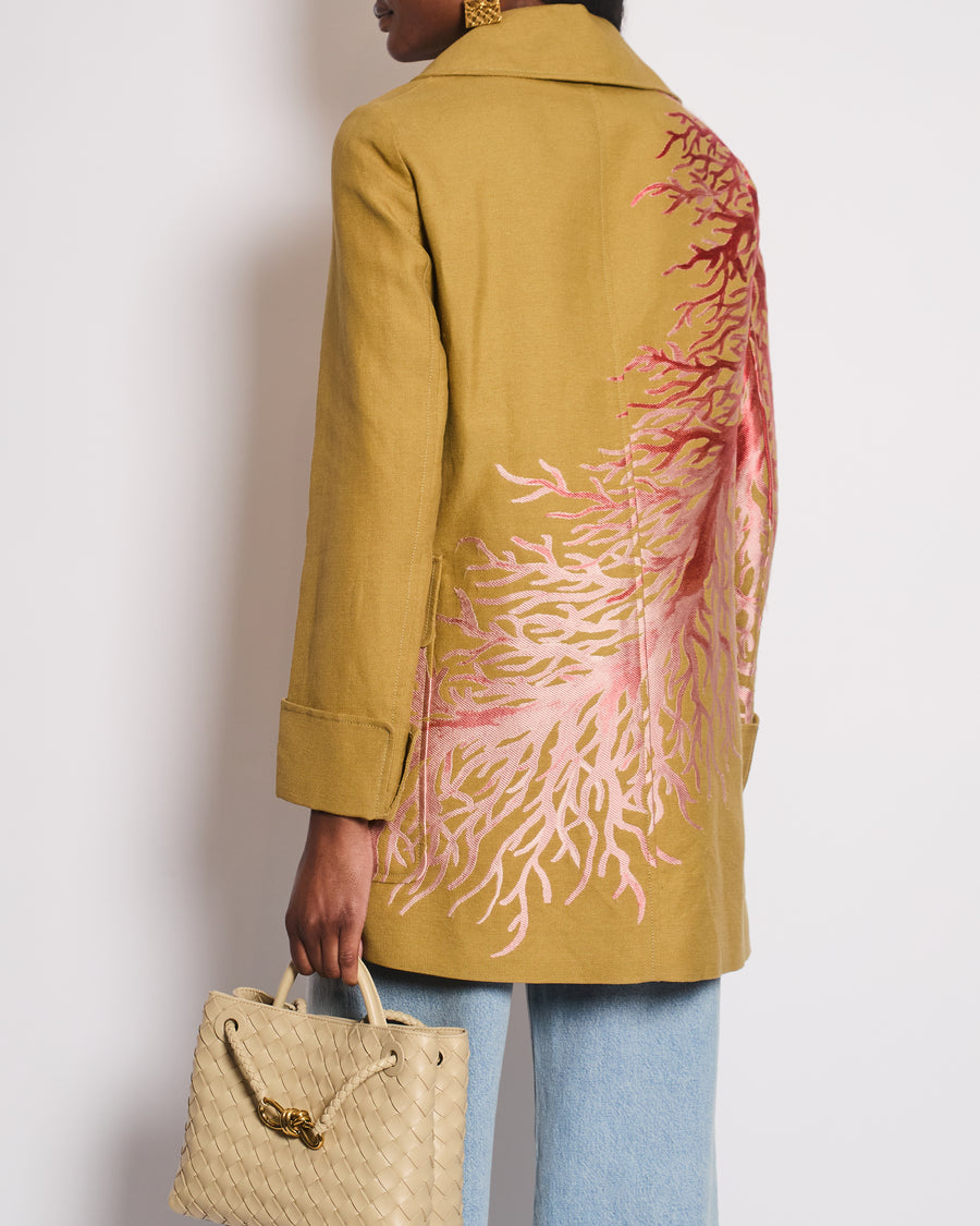 Valentino Sub-Zero Couture Beige Peter Pan Collar Canvas Coat with Coral Embroidery Detail Size IT 44 (UK 12)