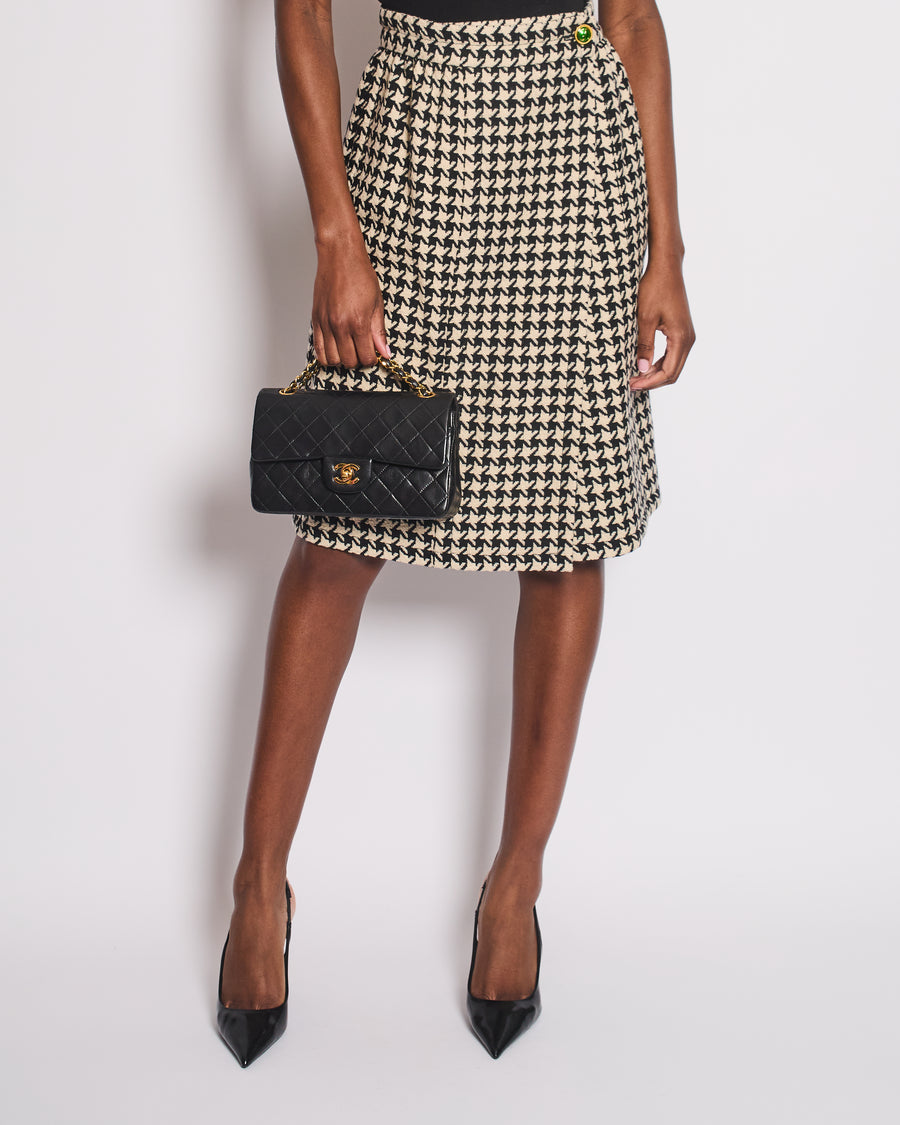 Gucci Black Houndstooth Midi Skirt with GG Logo Button Detail Size IT 44 (UK 12)