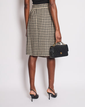 Gucci Black Houndstooth Midi Skirt with GG Logo Button Detail Size IT 44 (UK 12)