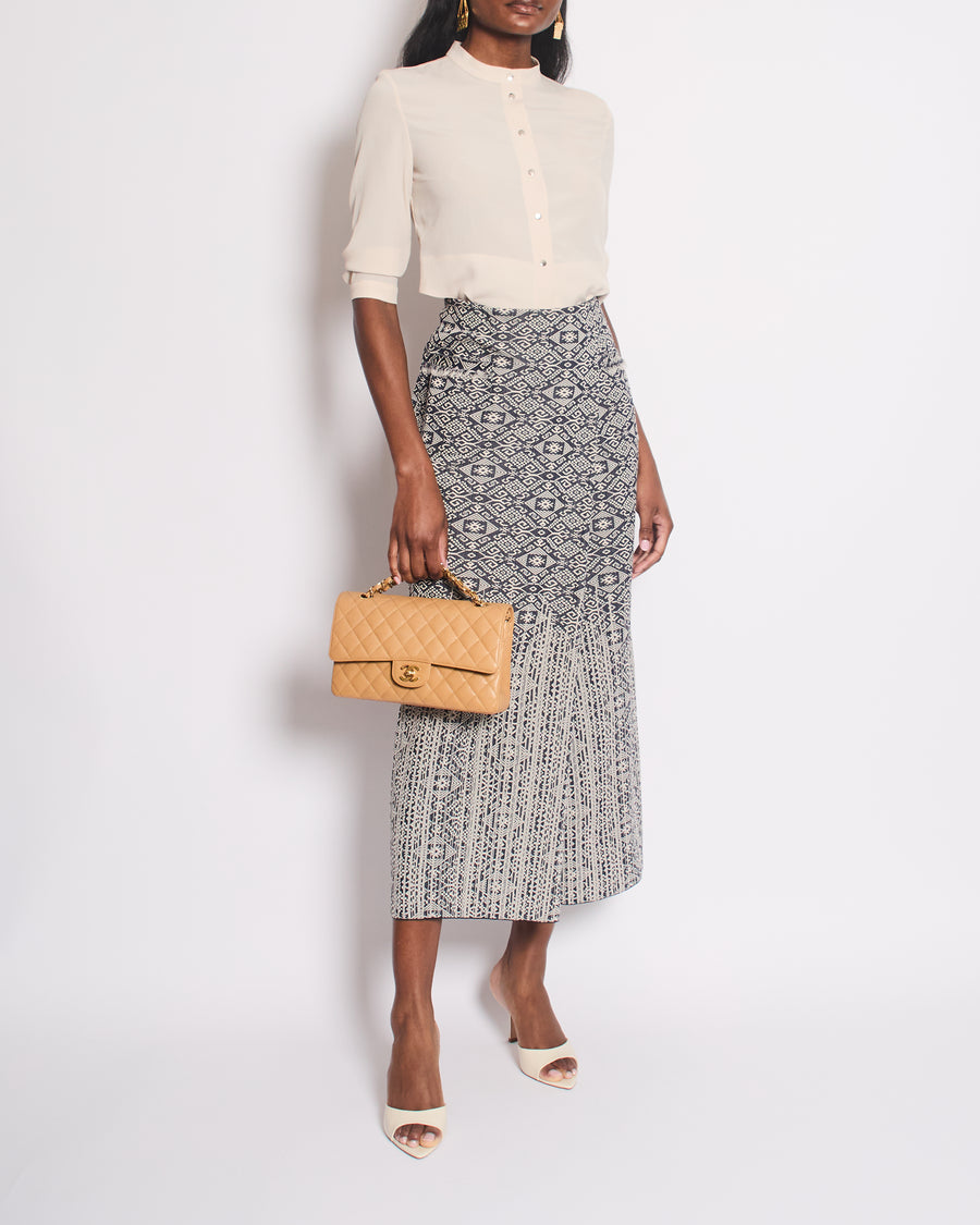 Chanel 14/C Navy Tweed Aztec Midi Skirt with Frayed Pocket Detail Size FR 36 (UK 8) RRP £1300