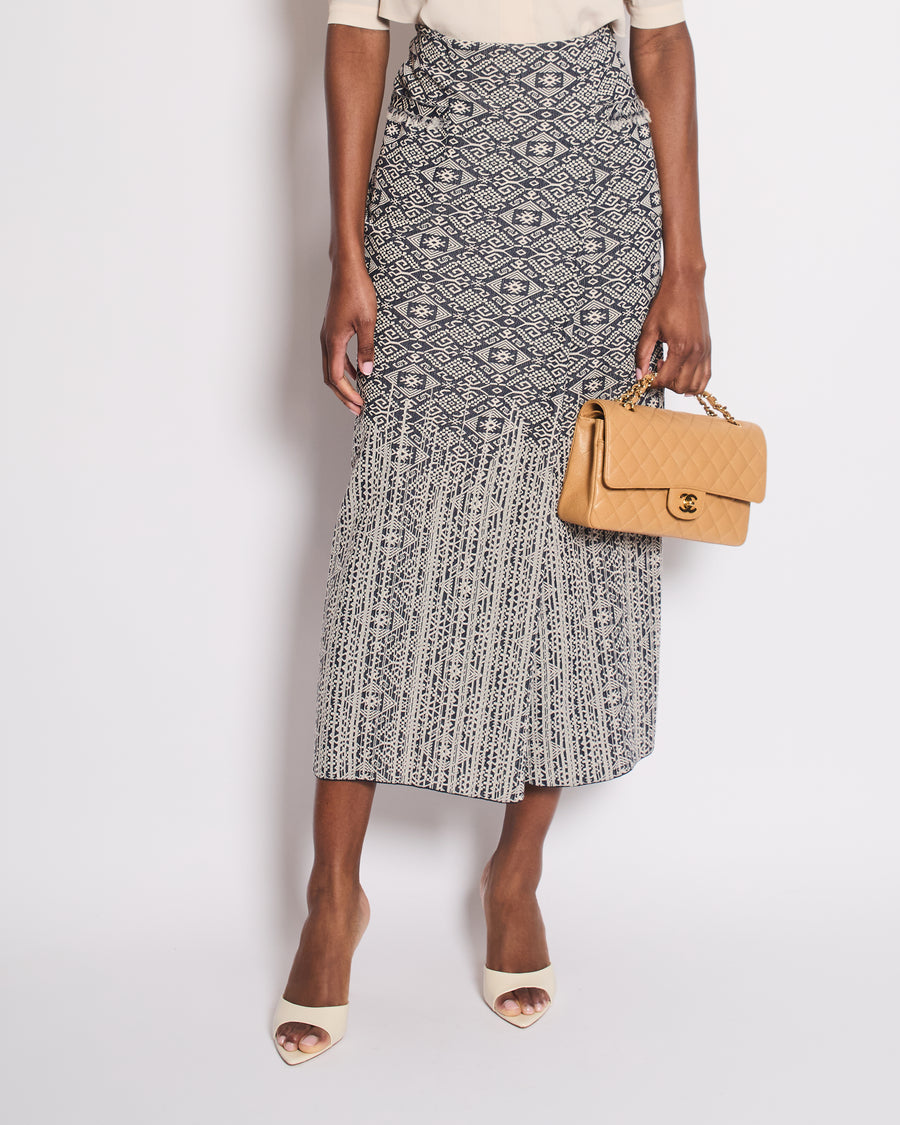 Chanel 14/C Navy Tweed Aztec Midi Skirt with Frayed Pocket Detail Size FR 36 (UK 8) RRP £1300