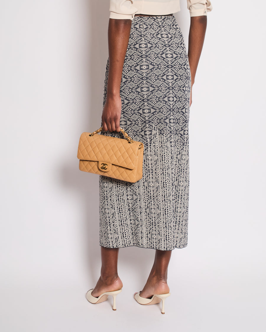 Chanel 14/C Navy Tweed Aztec Midi Skirt with Frayed Pocket Detail Size FR 36 (UK 8) RRP £1300