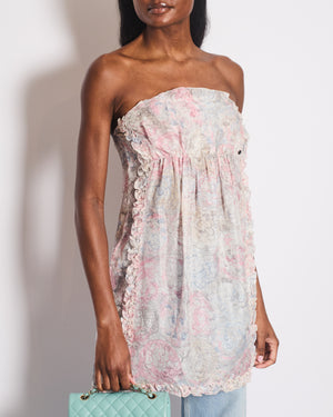Chanel Cruise 2010 White and Pink Silk Floral Sleeveless Mini Dress with Ruffle and Camelia Details Size FR 38 (UK 10)