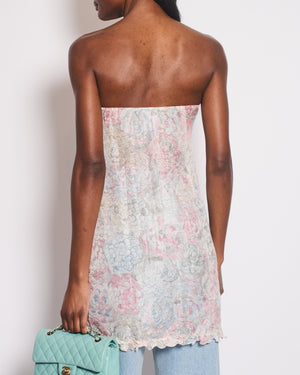Chanel Cruise 2010 White and Pink Silk Floral Sleeveless Mini Dress with Ruffle and Camelia Details Size FR 38 (UK 10)