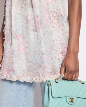 Chanel Cruise 2010 White and Pink Silk Floral Sleeveless Mini Dress with Ruffle and Camelia Details Size FR 38 (UK 10)