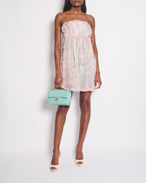 Chanel Cruise 2010 White and Pink Silk Floral Sleeveless Mini Dress with Ruffle and Camelia Details Size FR 38 (UK 10)