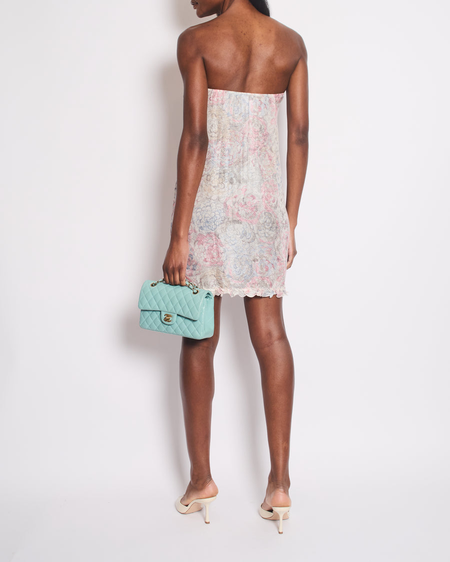 Chanel Cruise 2010 White and Pink Silk Floral Sleeveless Mini Dress with Ruffle and Camelia Details Size FR 38 (UK 10)