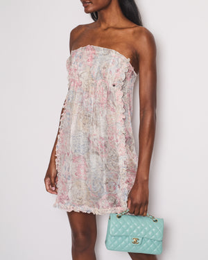 Chanel Cruise 2010 White and Pink Silk Floral Sleeveless Mini Dress with Ruffle and Camelia Details Size FR 38 (UK 10)