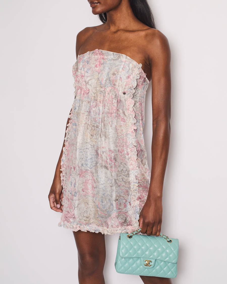 Chanel Cruise 2010 White and Pink Silk Floral Sleeveless Mini Dress with Ruffle and Camelia Details Size FR 38 (UK 10)