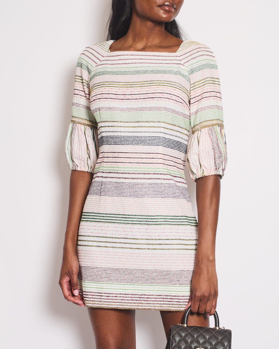 Chanel 07/P White and Multicolour Short Sleeve Striped Mini Dress with Gold Chain and CC Logo Details Size FR 38 (UK 10)