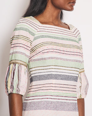 Chanel 07/P White and Multicolour Short Sleeve Striped Mini Dress with Gold Chain and CC Logo Details Size FR 38 (UK 10)