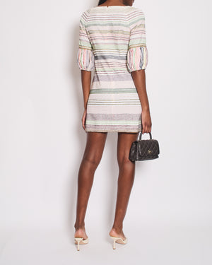 Chanel 07/P White and Multicolour Short Sleeve Striped Mini Dress with Gold Chain and CC Logo Details Size FR 38 (UK 10)