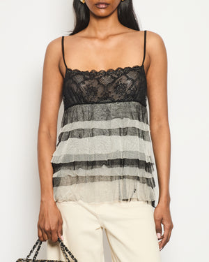 Chanel 05A Black Lace and Silk Grey Caraco Lingerie Ruffle Top with Black CC Logo Detail Size FR 38 (UK 10)