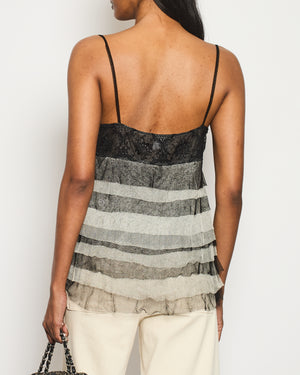 Chanel 05A Black Lace and Silk Grey Caraco Lingerie Ruffle Top with Black CC Logo Detail Size FR 38 (UK 10)