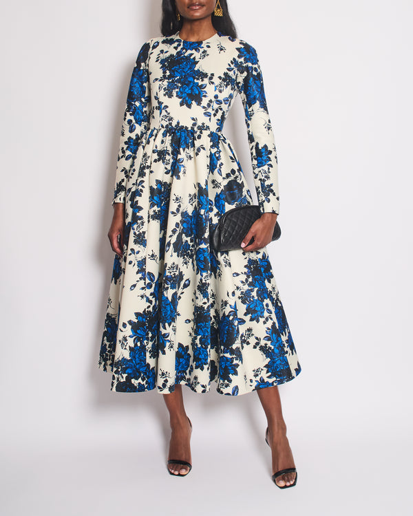Emilia Wickstead Cream, Navy and Black Long-Sleeve Floral Midi Dress Size UK 10