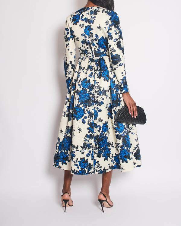 Emilia Wickstead Cream, Navy and Black Long-Sleeve Floral Midi Dress Size UK 10