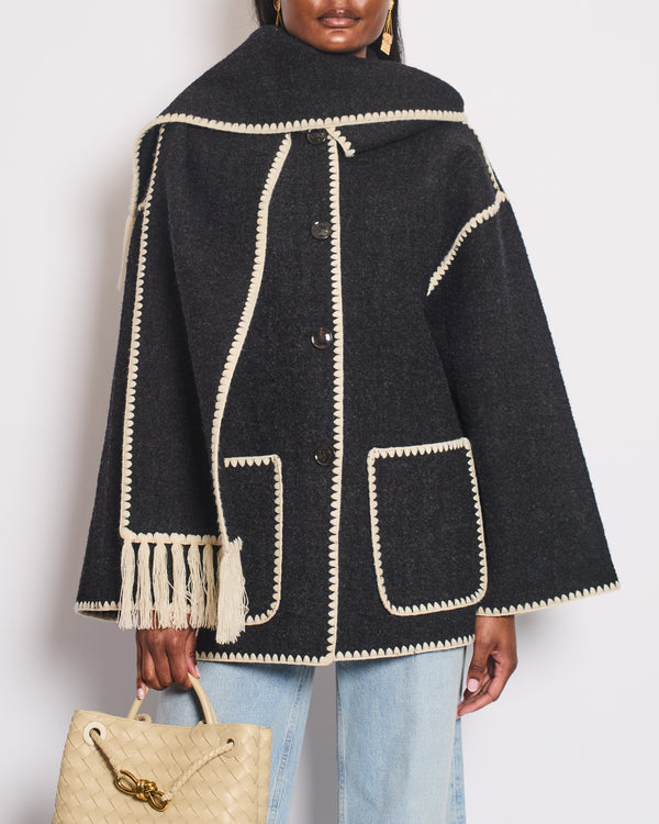 Totême Black Embroidered Wool Blend Scarf Coat Size DK 38 (UK 10) RRP £810