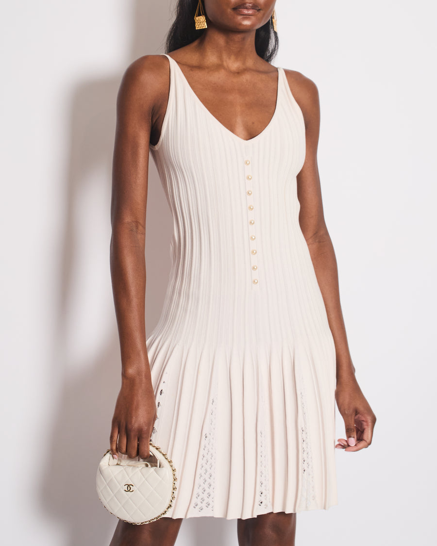 Chanel SS/12 Pink Ribbed Pearl Button Down Strap Dress Size FR 34 (UK 6)