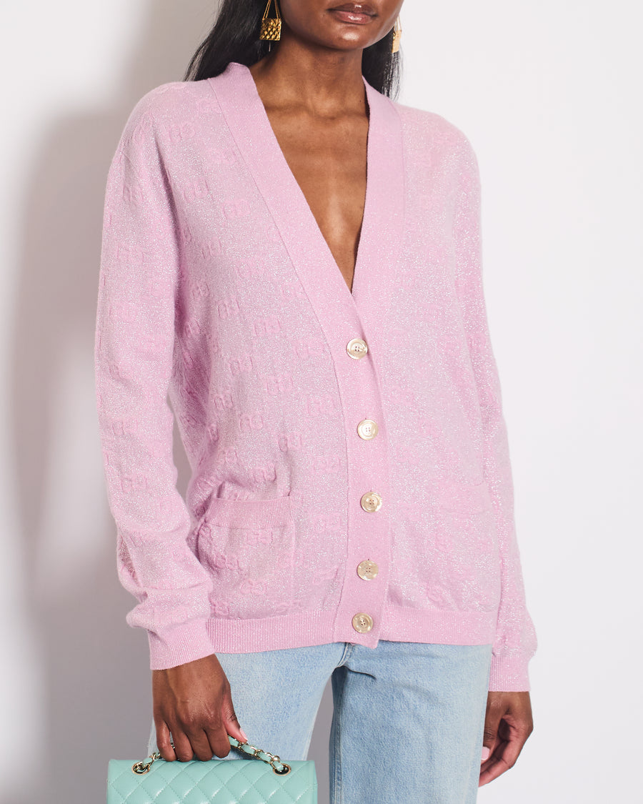 Gucci Pink GG Metallic Print Button Down Cardigan Size IT 38 (UK 6)