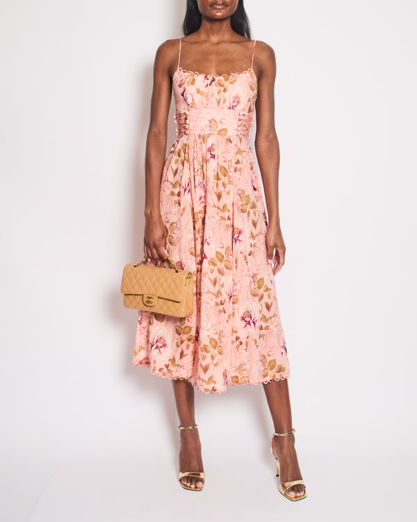 Zimmermann Pink Floral Linen Corset Strap Midi Dress Size 0 (UK 8)