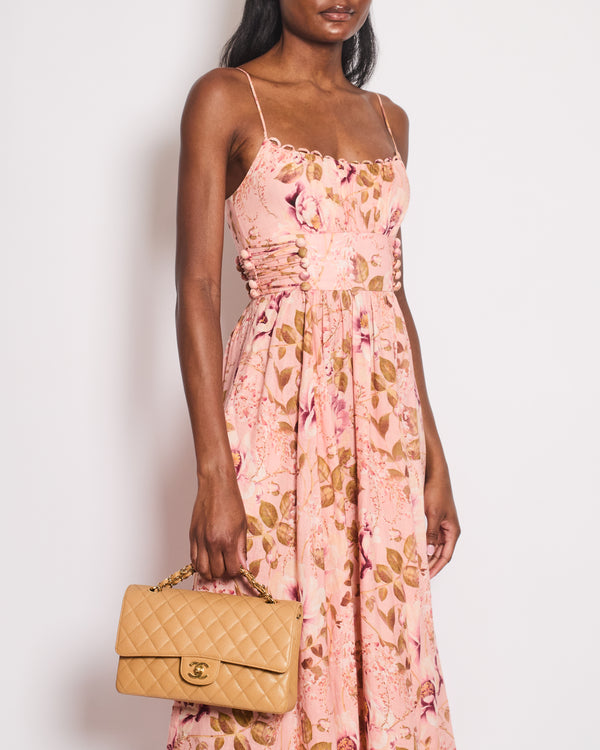 Zimmermann Pink Floral Linen Corset Strap Midi Dress Size 0 (UK 8)
