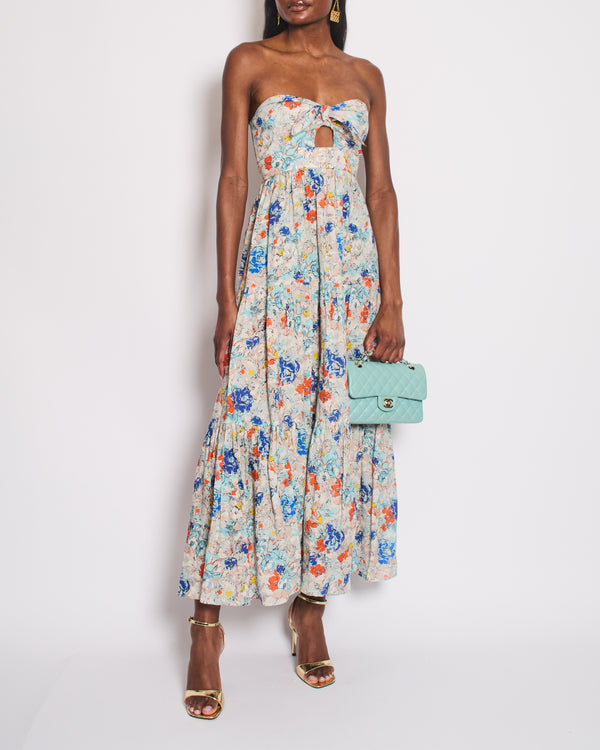 Zimmermann Blue Floral Bandeau Cut-Out Midi Dress with Blow Detail Size 0 (UK 8)