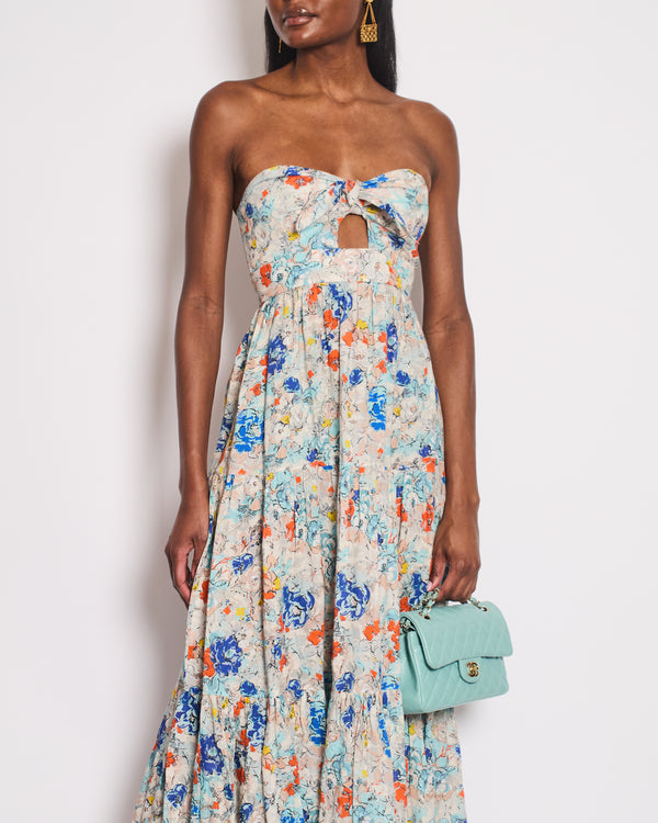 Zimmermann Blue Floral Bandeau Cut-Out Midi Dress with Blow Detail Size 0 (UK 8)