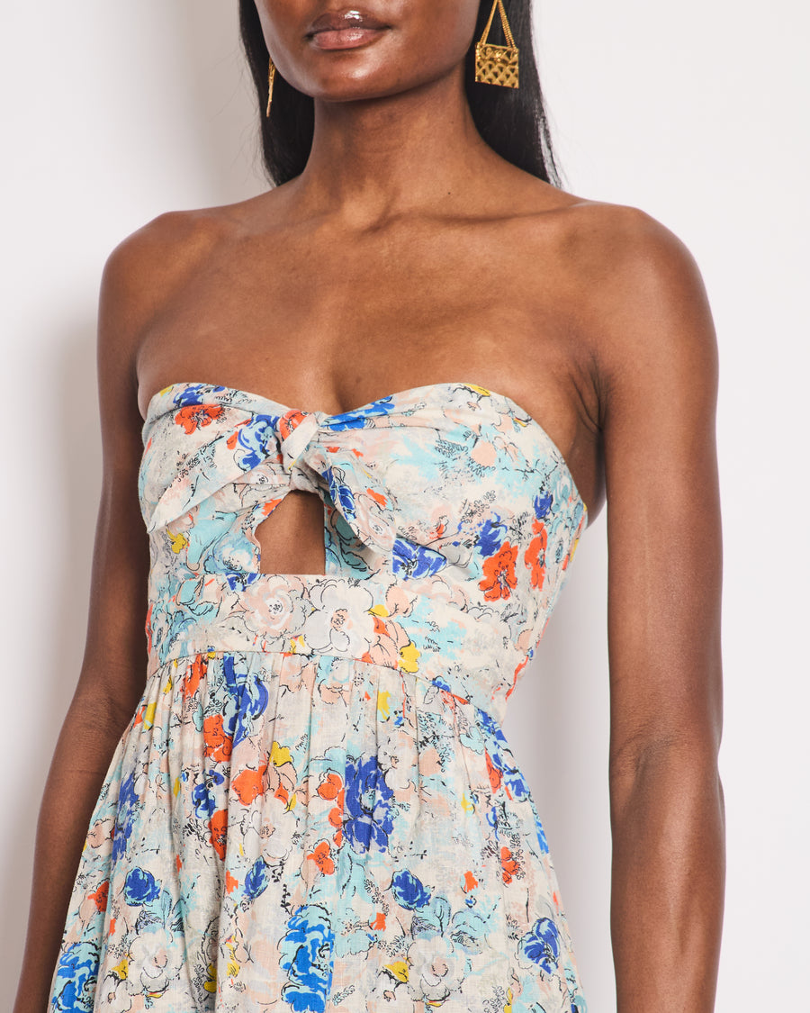 Zimmermann Blue Floral Bandeau Cut-Out Midi Dress with Blow Detail Size 0 (UK 8)