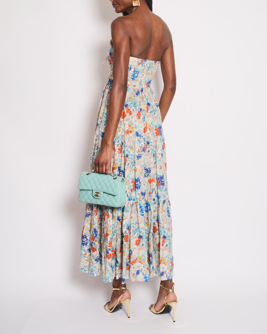 Zimmermann Blue Floral Bandeau Cut-Out Midi Dress with Blow Detail Size 0 (UK 8)