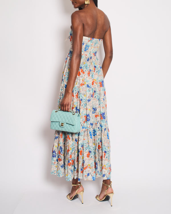 Zimmermann Blue Floral Bandeau Cut-Out Midi Dress with Blow Detail Size 0 (UK 8)