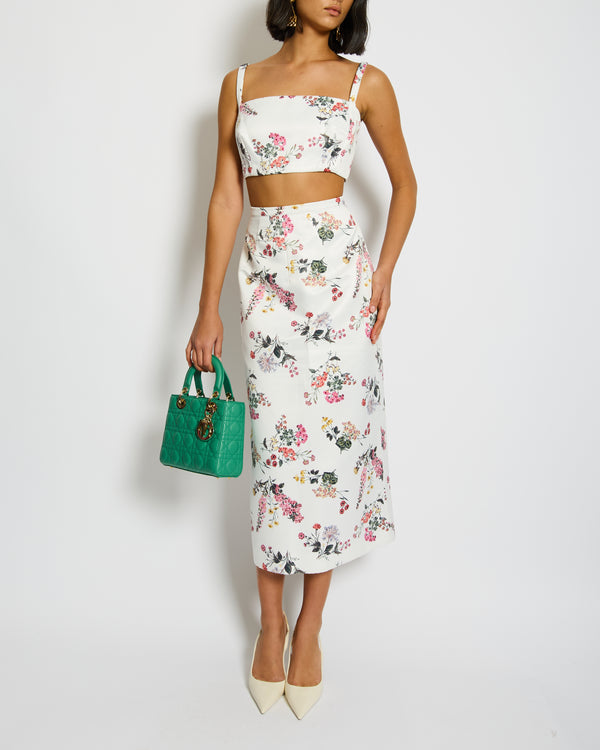 Emilia Wickstead Pink and Green Floral Printed White Crop Top and Midi Skirt Set Size UK 12