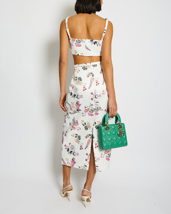 Emilia Wickstead Pink and Green Floral Printed White Crop Top and Midi Skirt Set Size UK 12