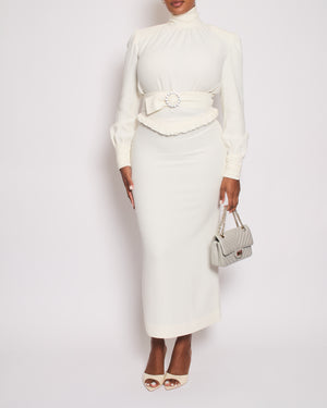 Alessandra Rich Cream Long Sleeve Midi Dress With Detachable Crystal Belt Size IT 42 (UK 10)
