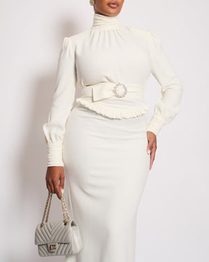Alessandra Rich Cream Long Sleeve Midi Dress With Detachable Crystal Belt Size IT 42 (UK 10)