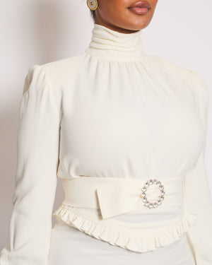 Alessandra Rich Cream Long Sleeve Midi Dress With Detachable Crystal Belt Size IT 42 (UK 10)