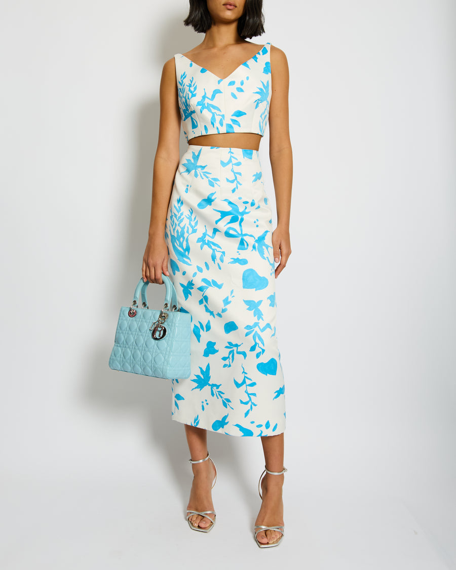 Emilia Wickstead White and Blue Floral Printed Crop Top and Midi Skirt Set Size UK 12