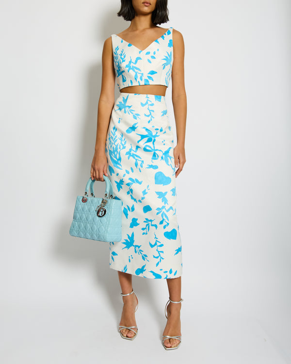 Emilia Wickstead White and Blue Floral Printed Crop Top and Midi Skirt Set Size UK 12